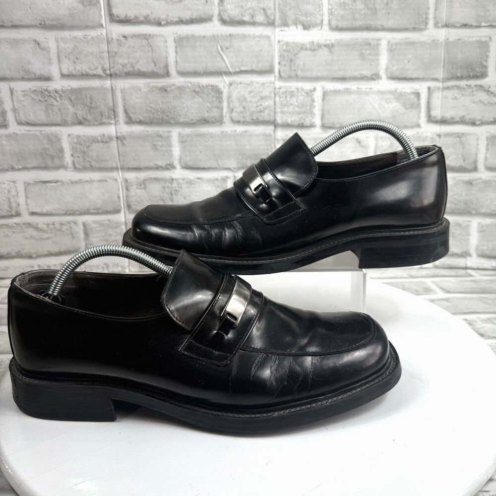 Alfani Men's Size 11.5 Black Leather Slip-On Chunky Silver Accent Dress Loafers